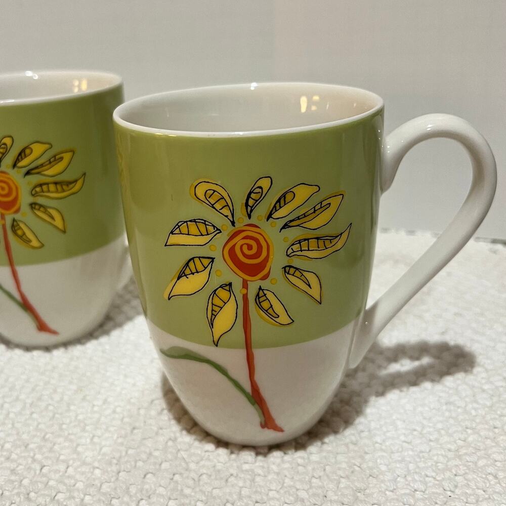 2 Starbucks 2006 Artsie Yellow Flower Tall Coffee Mug Cup Green Yellow 14 oz